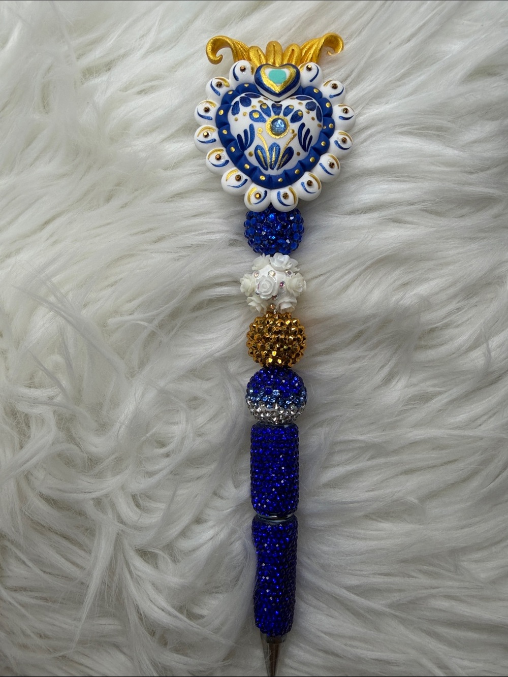 Decorative Blue and Gold Beaded Pen with Heart Accent Milagrito